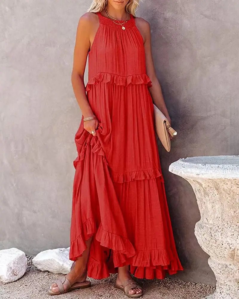 Women Casual Solid Ruffles Long Dress Summer Elegant Sleeveless Sundress Elegant Harajuku Maxi Dress Beach Party Evening Vestido - Lacatang Shop