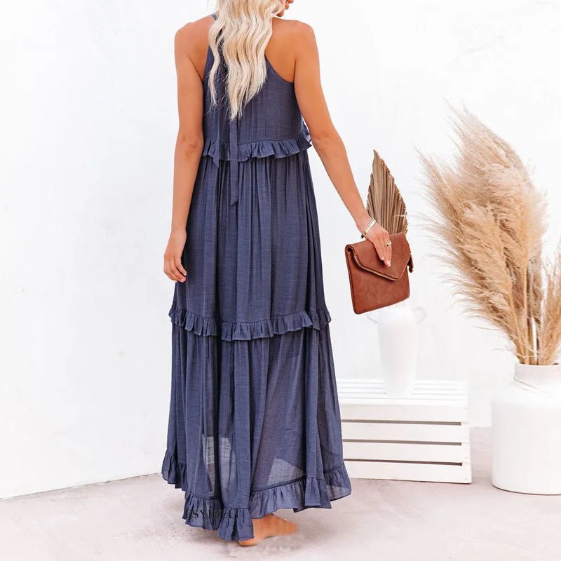 Women Casual Solid Ruffles Long Dress Summer Elegant Sleeveless Sundress Elegant Harajuku Maxi Dress Beach Party Evening Vestido - Lacatang Shop