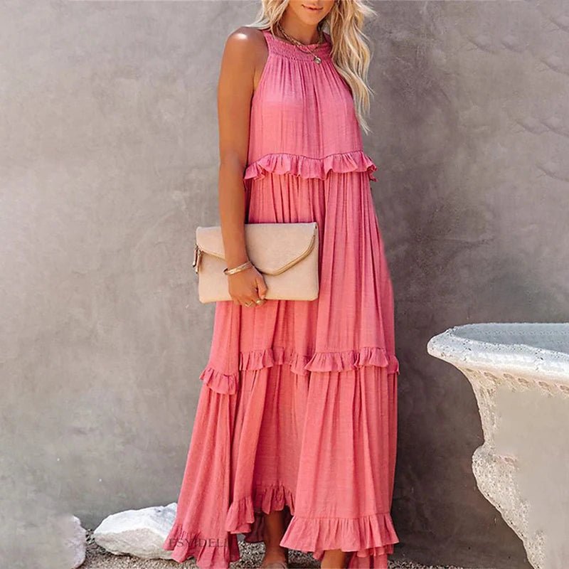 Women Casual Solid Ruffles Long Dress Summer Elegant Sleeveless Sundress Elegant Harajuku Maxi Dress Beach Party Evening Vestido - Lacatang Shop