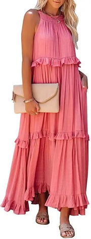 Women Casual Solid Ruffles Long Dress Summer Elegant Sleeveless Sundress Elegant Harajuku Maxi Dress Beach Party Evening Vestido - Lacatang Shop