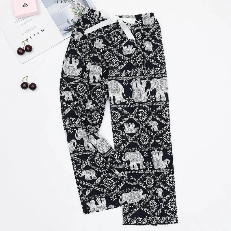 Women'S Elephant Print Wide Leg Ankle - Length Pants Spring And Summer Beach Drawstringloose Fit Females Trousers Indie Folk Pants - Lacatang Shop